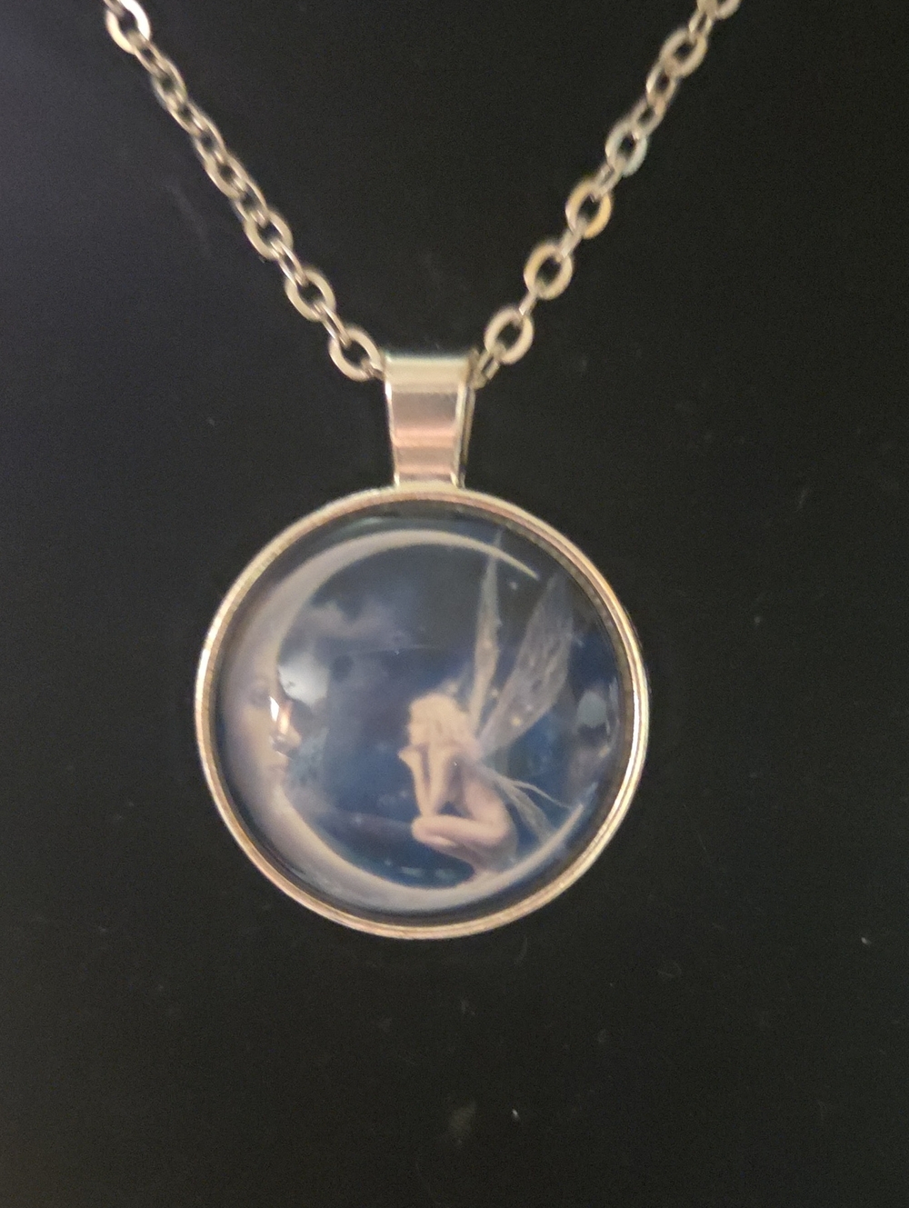 90's Y2k Silver Tone Fairy Moon Pendant Necklace in Blue